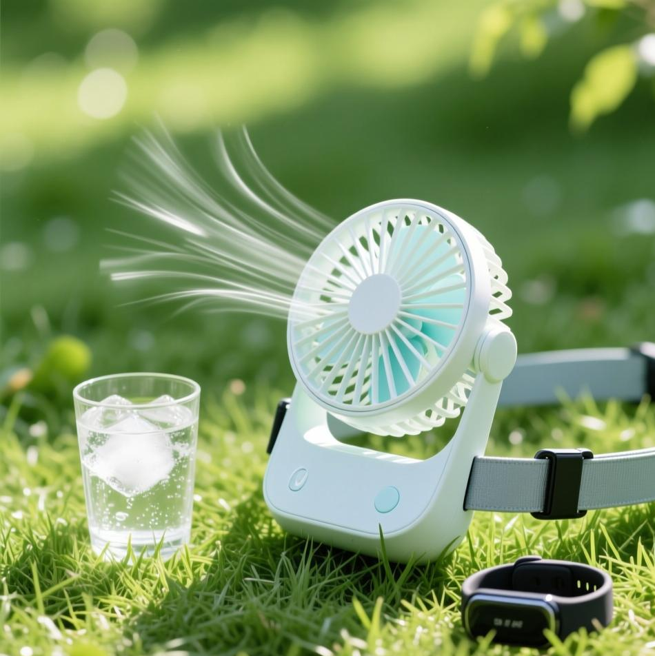 7.4V 2000mAh rechargeable lithium battery pack powering a waist-mounted cooling fan for outdoor workers